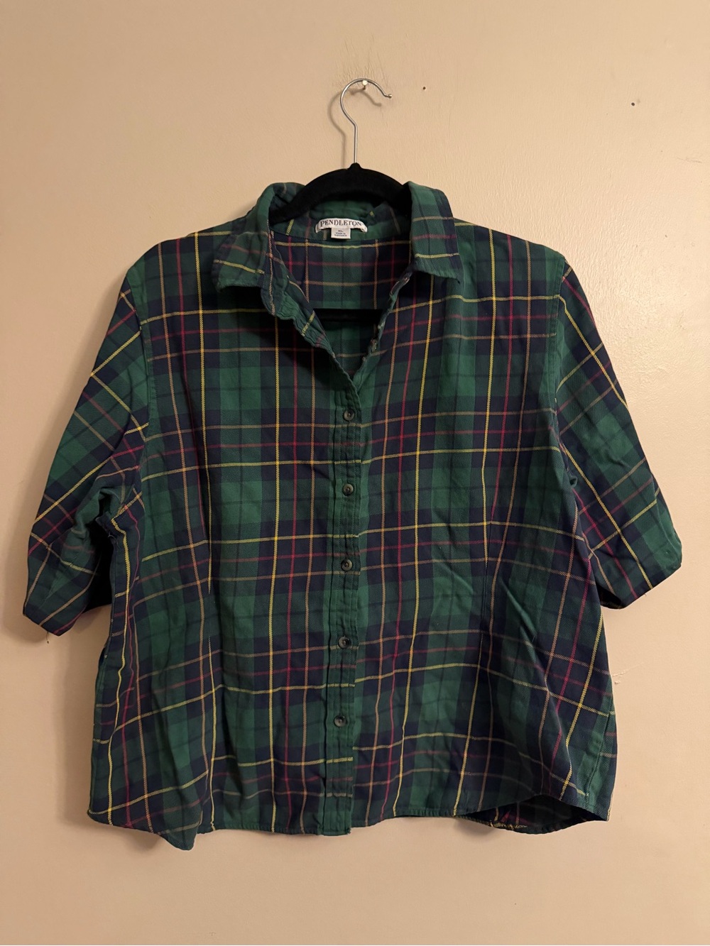 Vintage Pendleton Green Plaid Shirt with Navy and Yellow Accents